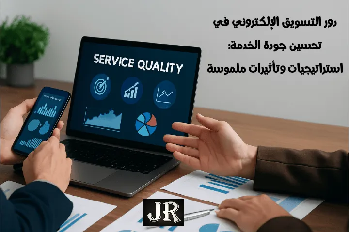 اجتماع عمل في مكتب حديث يوضح دور التسويق الإلكتروني في تحسين جودة الخدمة من خلال تحليل البيانات والعروض الرقمية لرفع رضا العملاء.