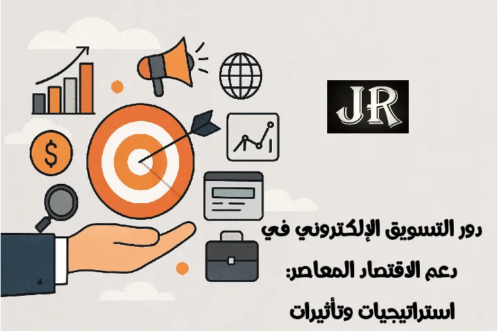 رسم تعبيري يوضح دور التسويق الإلكتروني في دعم الاقتصاد المعاصر