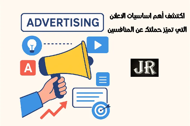 صورة توضيحية تعبر عن اساسيات الاعلان عبر وسائل التسويق الرقمي، مع أيقونات إبداعية ومساحة فارغة للكتابة على الجهة اليمنى.